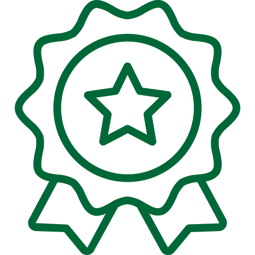 A green outline icon of an award ribbon with a star in the center, symbolizing achievement or recognition.