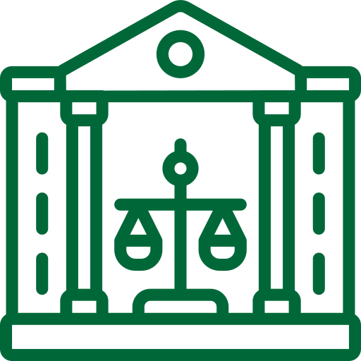 An outline icon of a courthouse with columns and a triangular roof, featuring balanced scales of justice in the center.