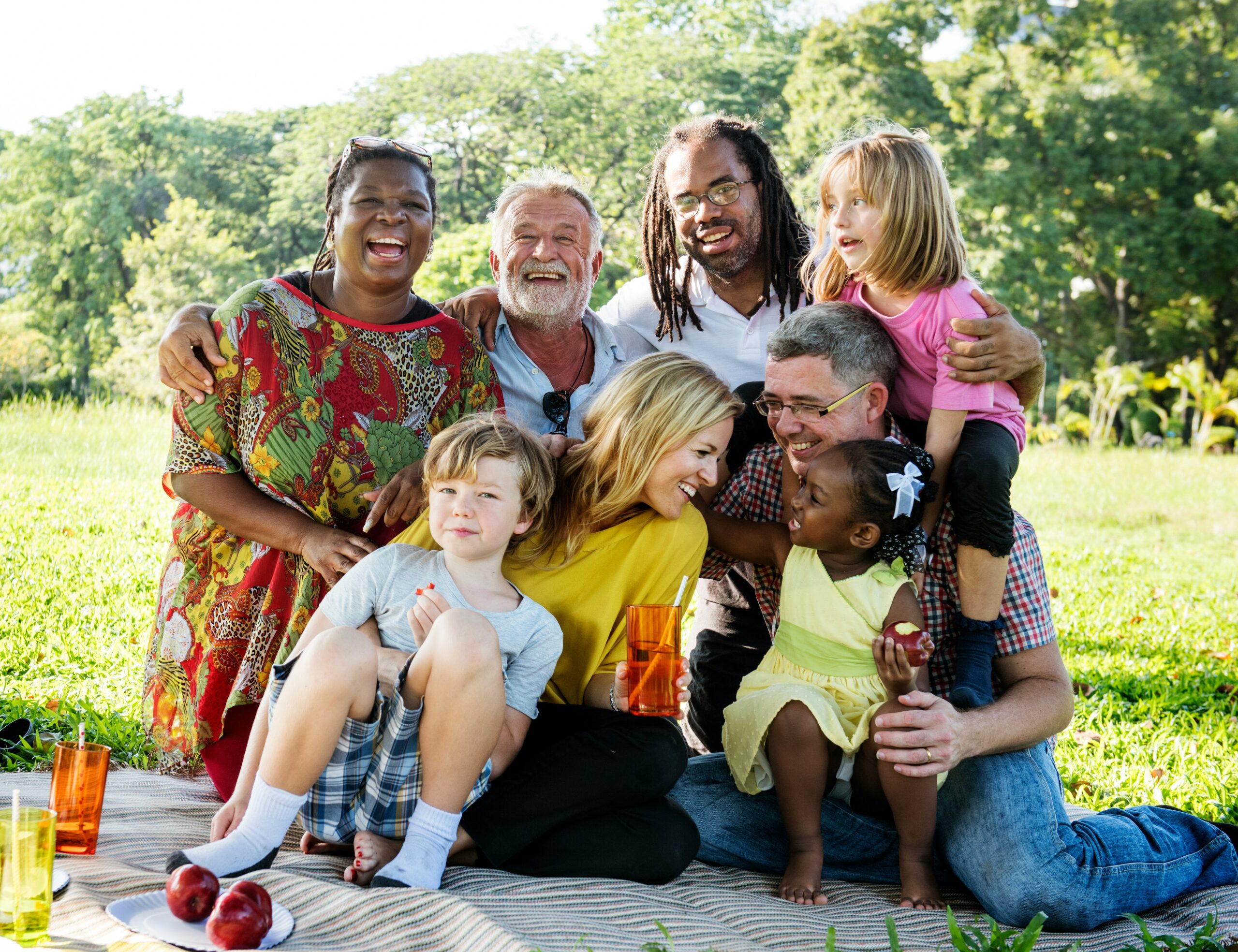 A diverse group of adults and children, brought together by custody law arrangements, sit on a picnic blanket outdoors, smiling and laughing on a sunny day. There are drinks, fruit, and green trees in the background.